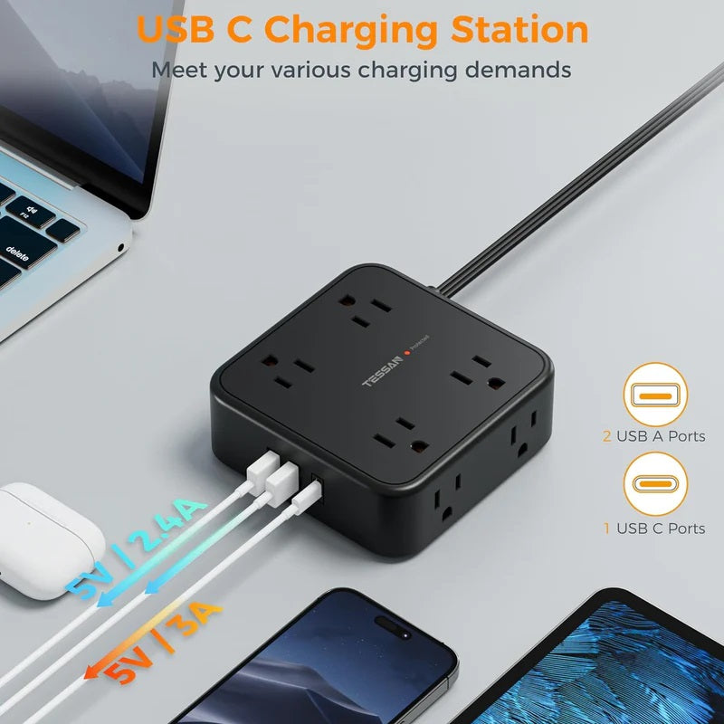 Flat plug power strip for tight spaces with multiple outlets and USB C charging ports in black