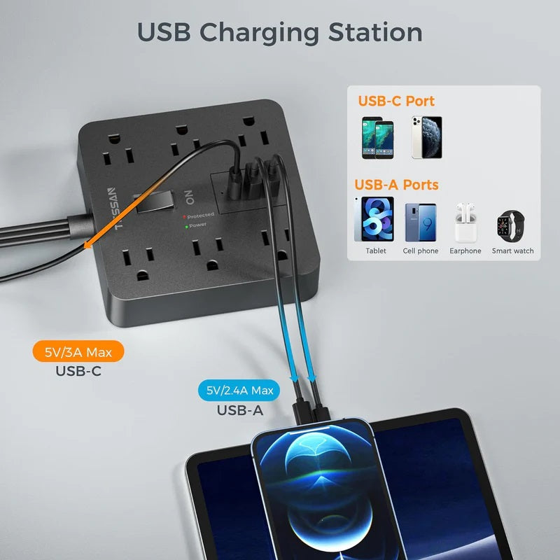 Extension cord flat plug power strip for tight spaces with USB-C and USB-A charging ports