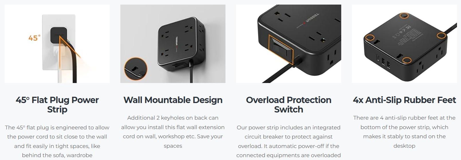 Flat plug power strip for tight spaces with wall mountable design and overload protection switch