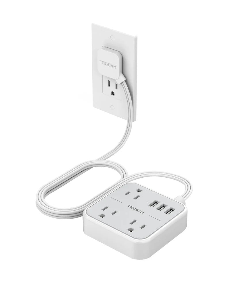 Extension cord flat plug power strip for tight spaces with four outlets and three USB ports in white