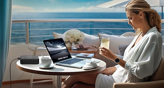 Flat plug power strip on a table next to a laptop and a woman holding a drink on a balcony