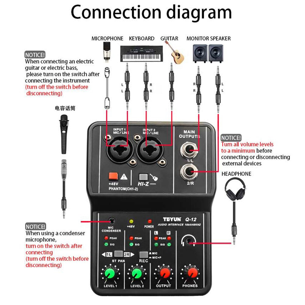 Teyun O-12 connection diagram for professional USB audio interface showing input and output ports