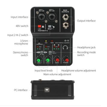 Professional USB audio interface with multiple input switches and volume controls