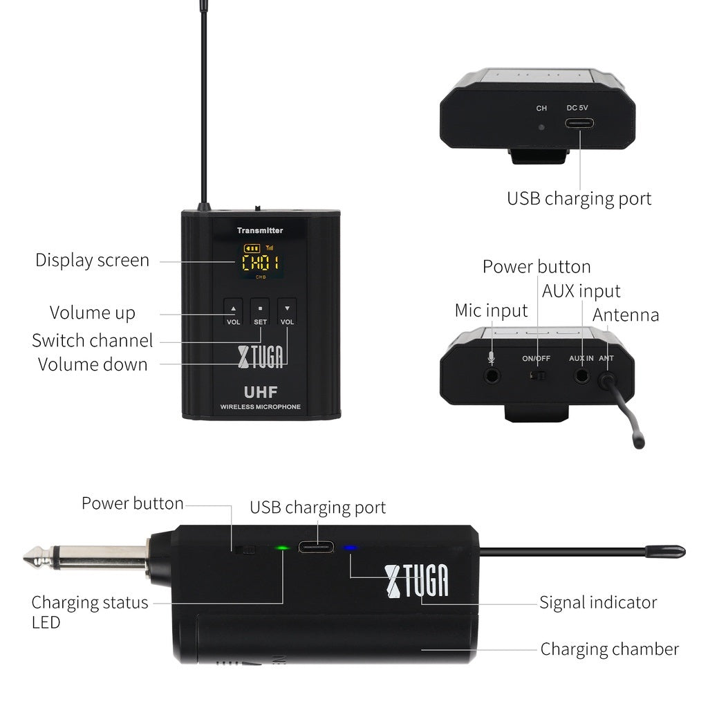 Rechargeable mini bodypack transmitter features display screen and USB charging port for wireless microphones