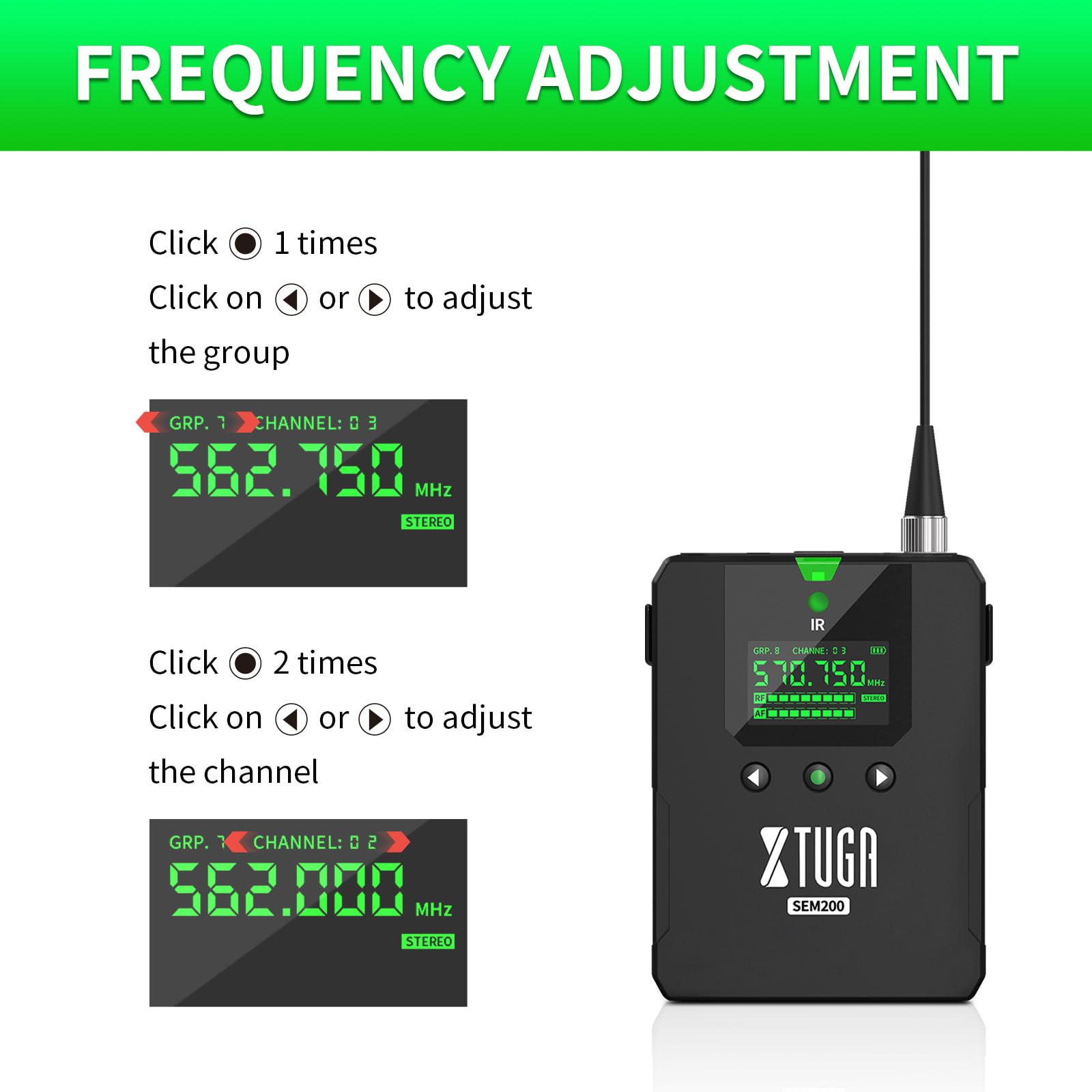 UHF stereo in ear monitors frequency adjustment instructions with clear LCD displays and control buttons
