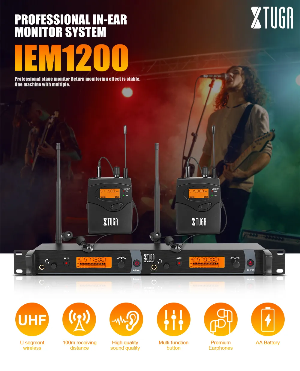 XTUGA IEM1200 professional wireless in ear monitor system for stable stage monitoring with multiple functions