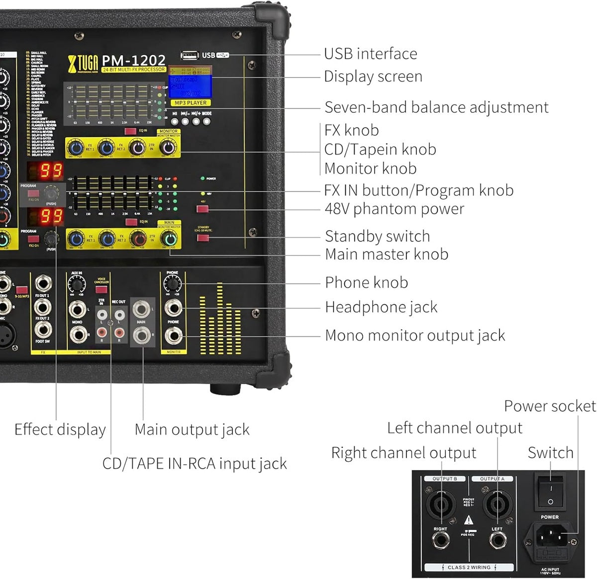 10 channel stage power mixer with USB interface, multiple control knobs, and effect display for live sound mixing