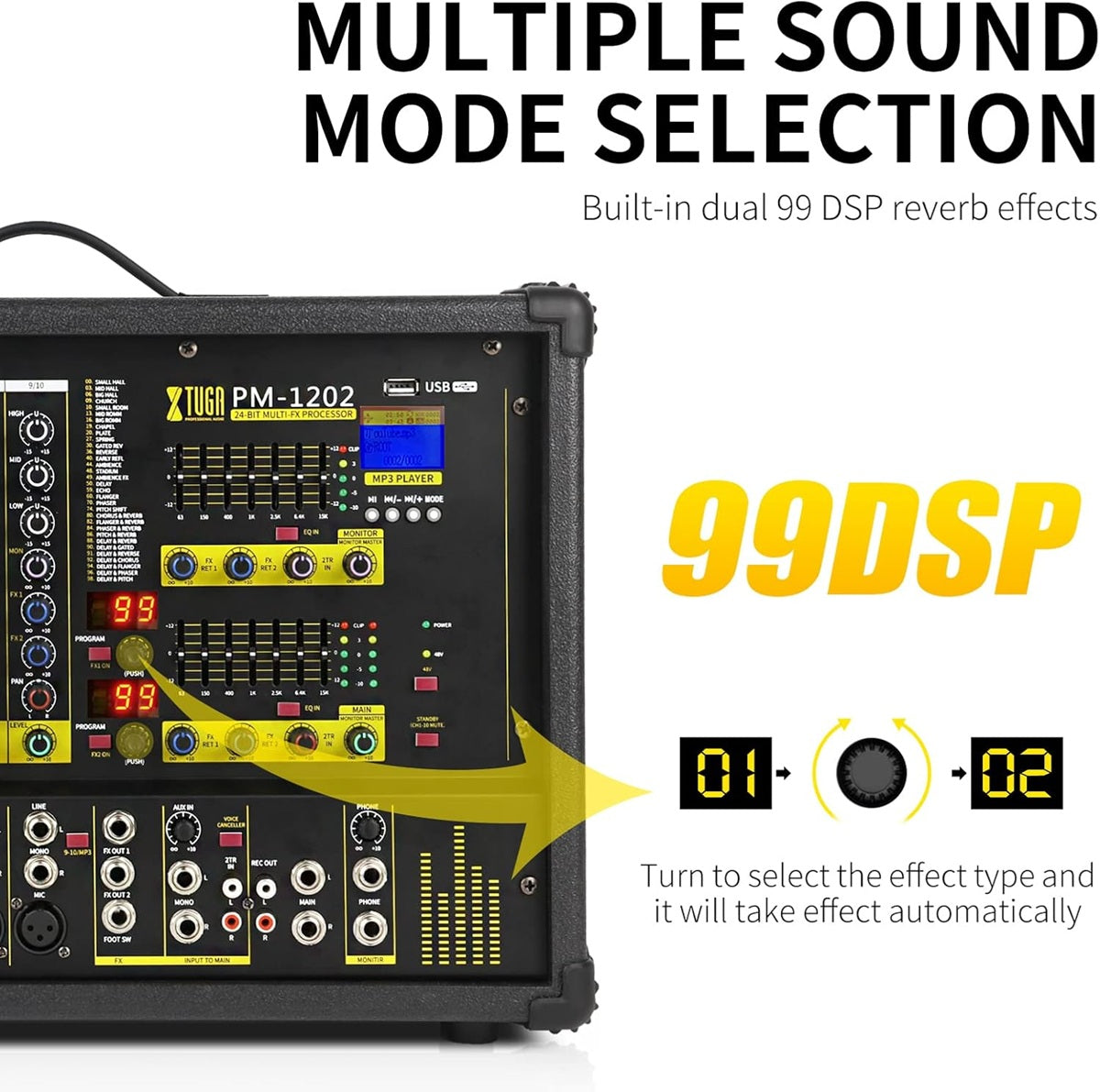 10 channel stage power mixer with built-in dual 99 DSP reverb effects and sound mode selection