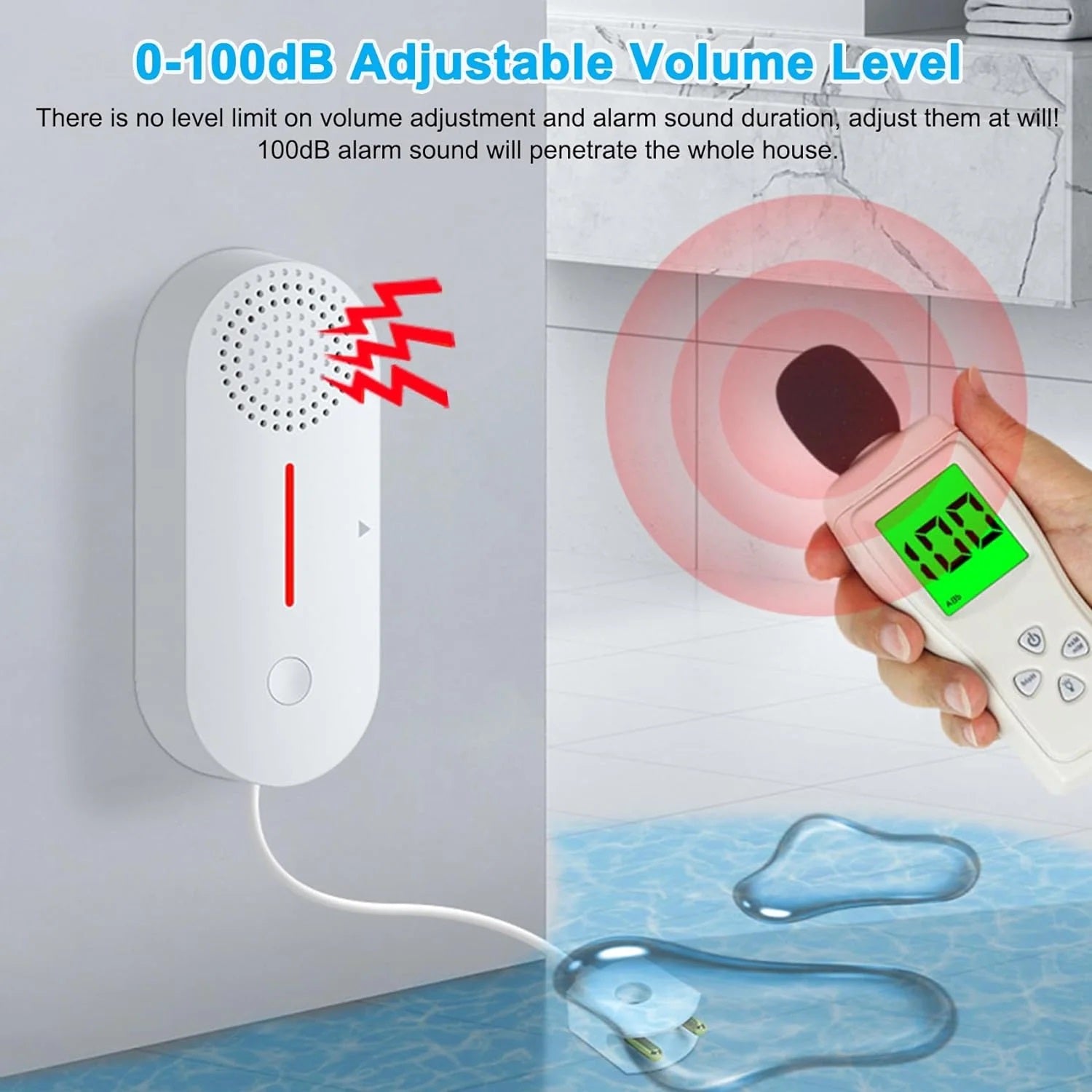 Home security alarm system featuring Tuya water level sensor alarm with adjustable volume up to 100dB