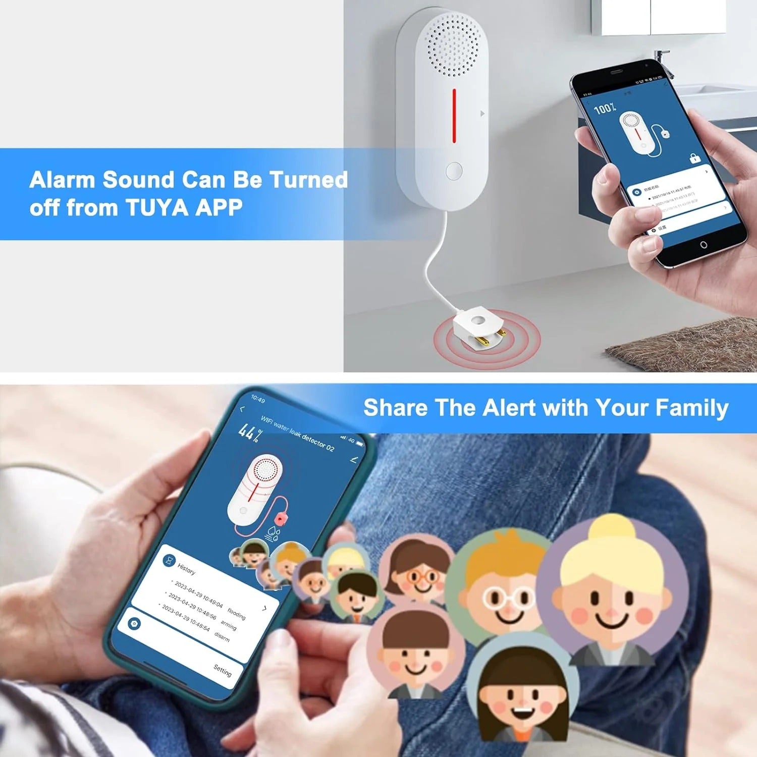Tuya water level sensor alarm with mobile app control and family alert sharing feature