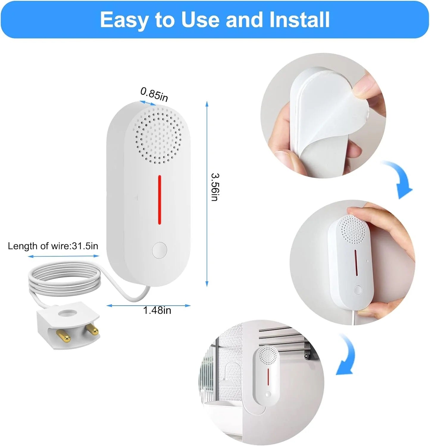 Tuya water level sensor alarm with easy peel adhesive and wired installation for home security