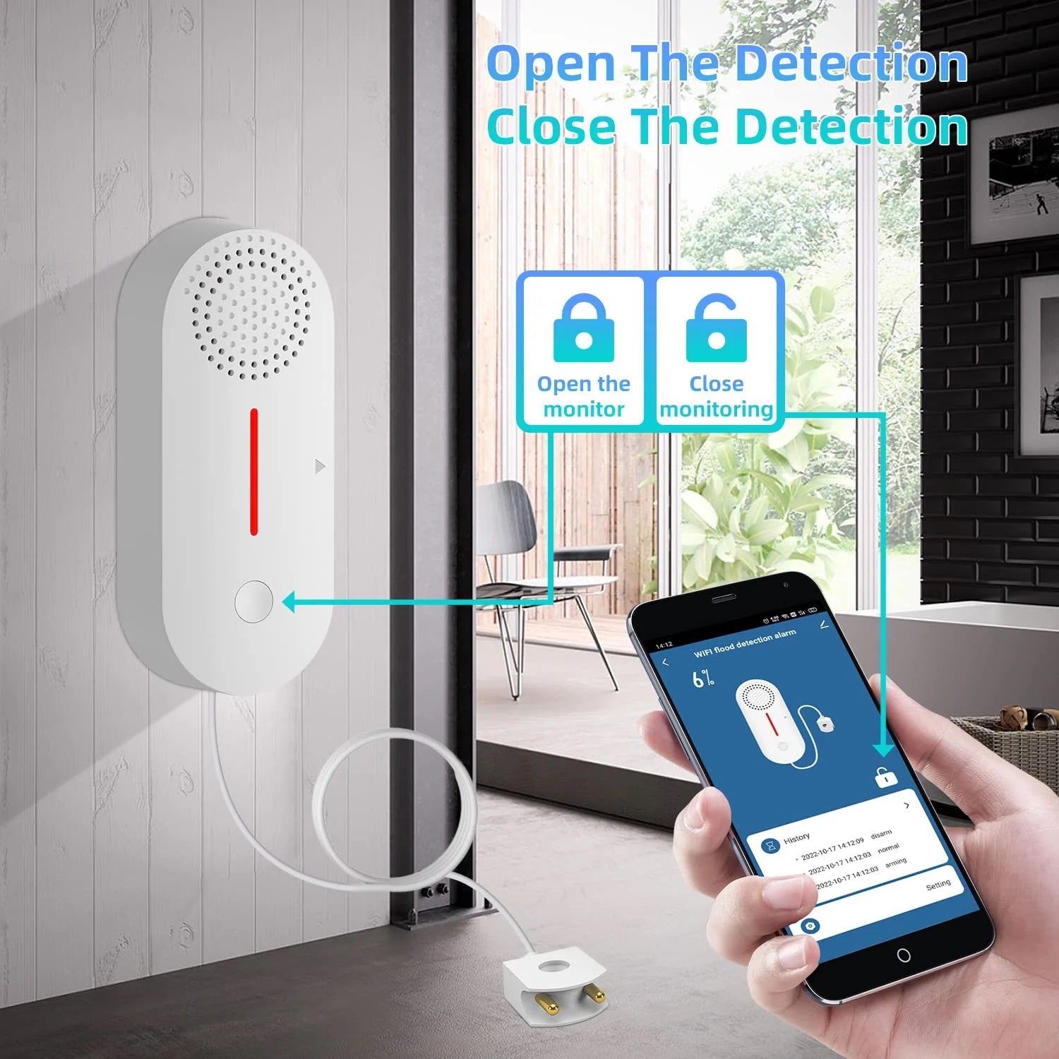 Home security alarm system with Tuya water level sensor alarm showing mobile app monitoring