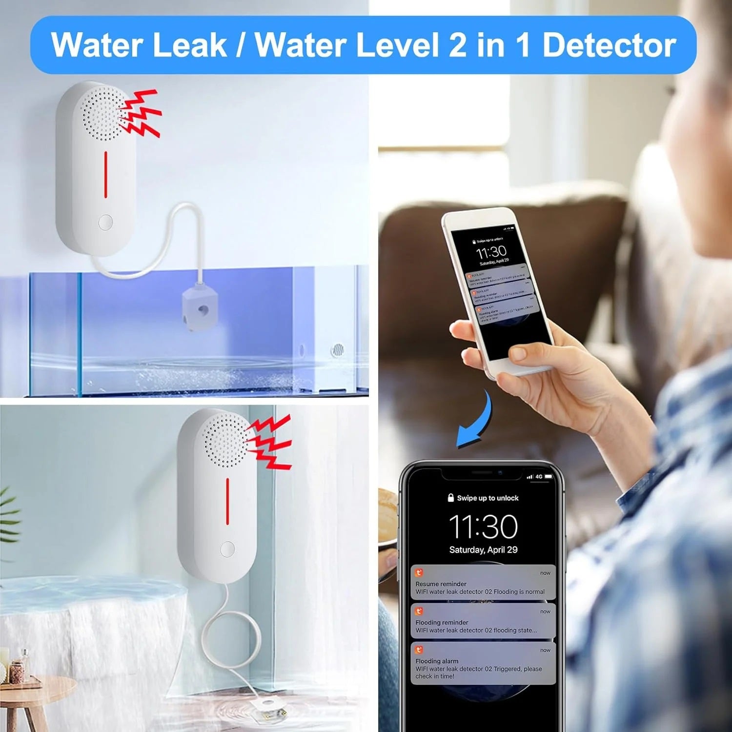Tuya water level sensor alarm detecting water leaks with smartphone alert notifications