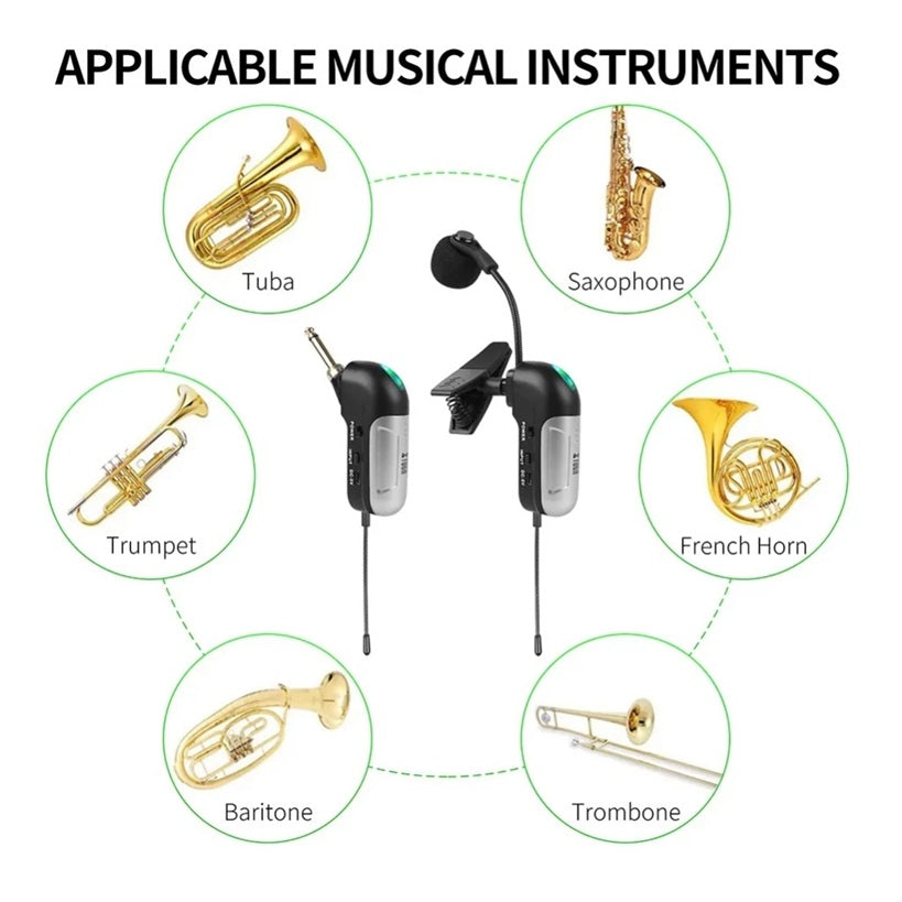 UHF wireless saxophone microphone suitable for various musical instruments like trumpet and trombone