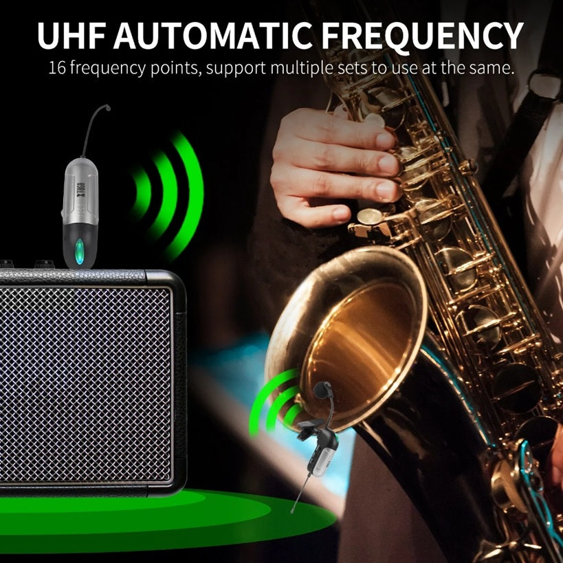 UHF wireless saxophone microphone with 16 frequency points for clear sound performance
