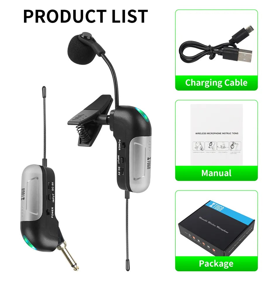 UHF wireless saxophone microphone system with clip-on design and charging cable for musicians
