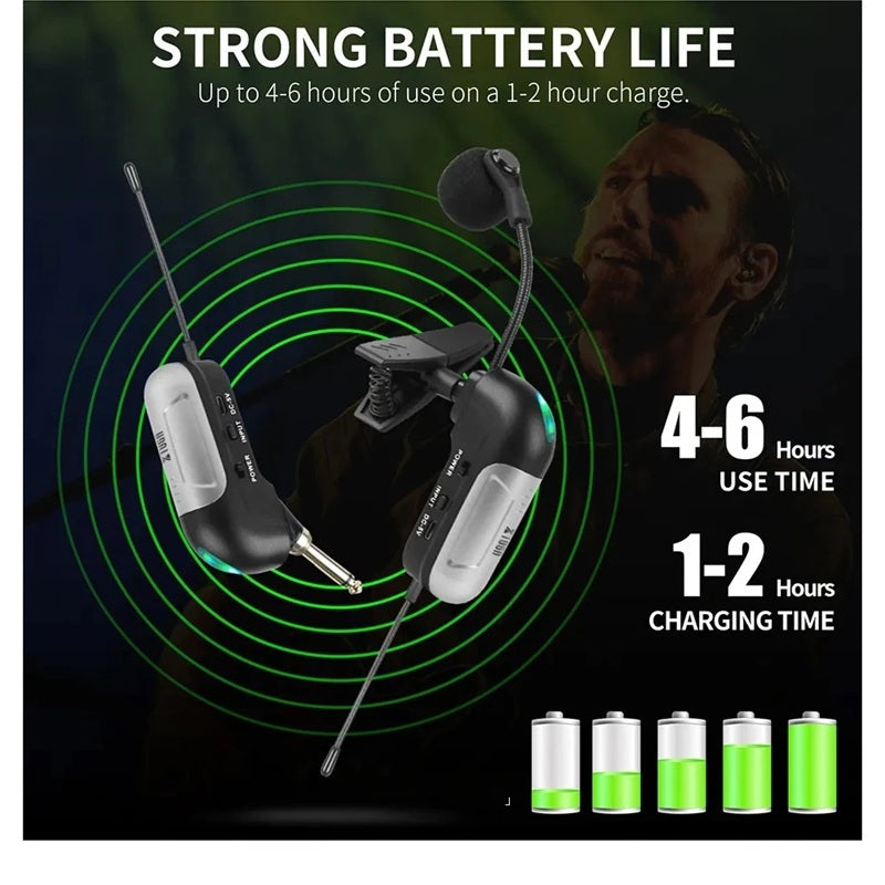 UHF wireless saxophone microphone showing battery life and charging time details for performers