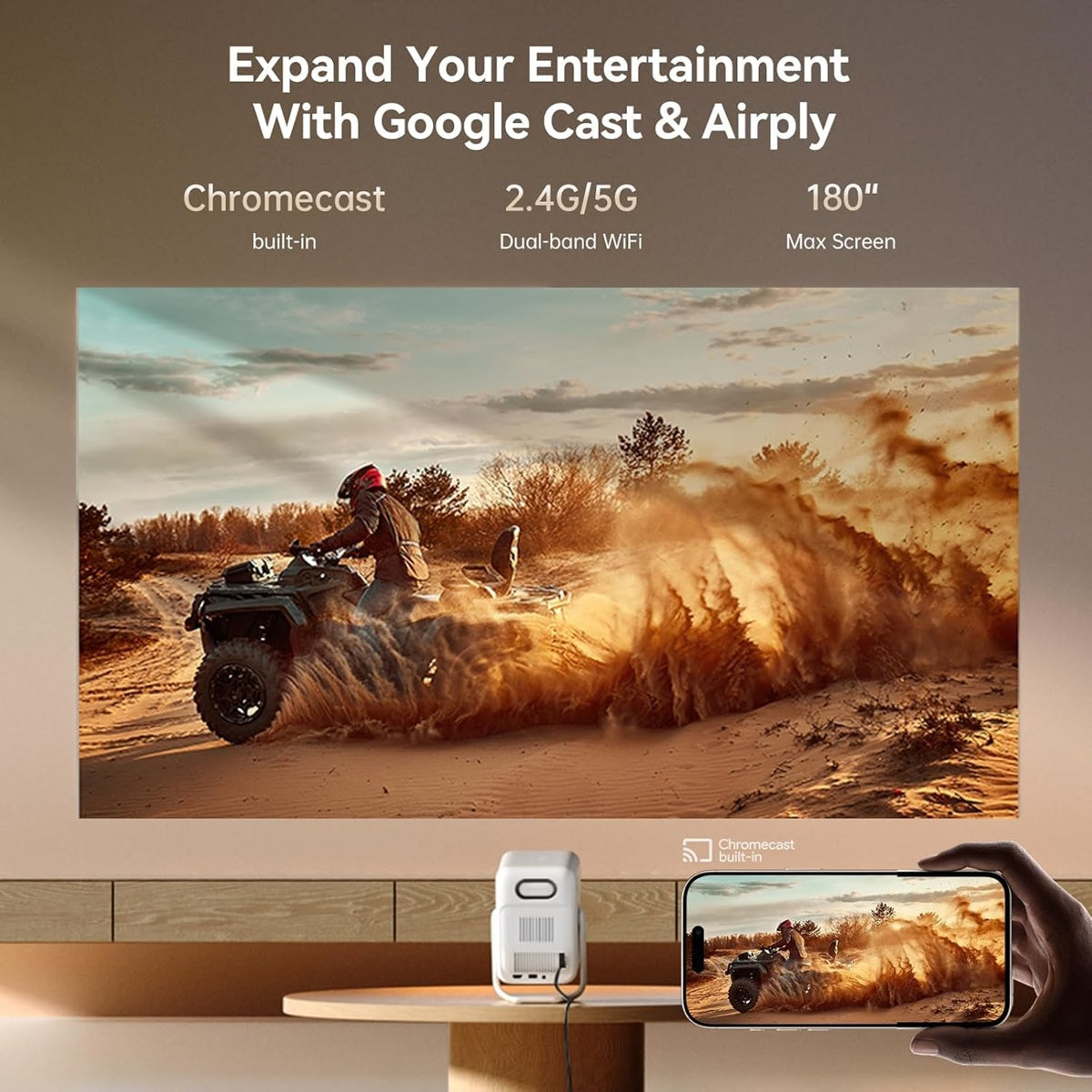 Adjustable angle theater projector for home showing off 180 inch screen with Chromecast and dual-band WiFi