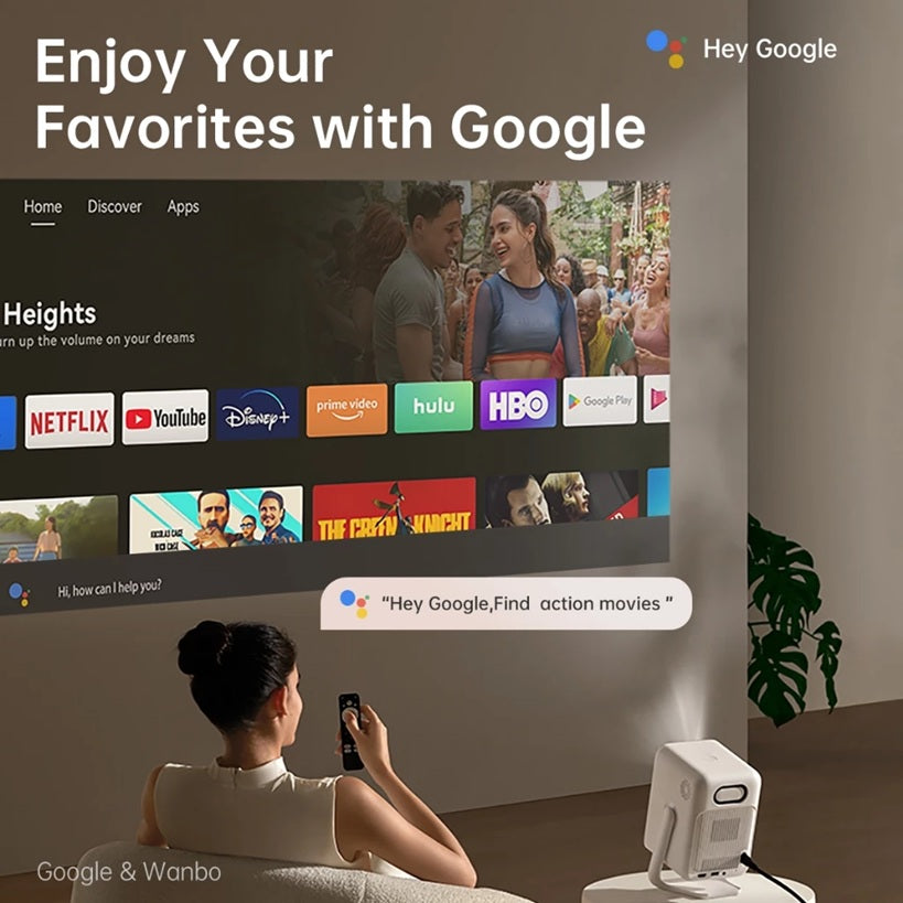 Adjustable angle theater projector for home displaying streaming apps on wall with woman controlling it