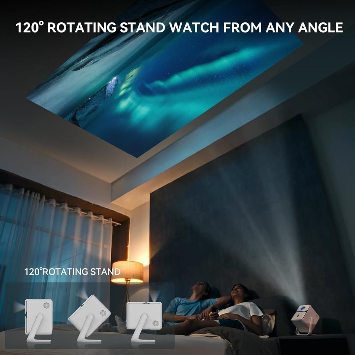 Adjustable angle theater projector for home showing ceiling projection with 120 degree rotating stand