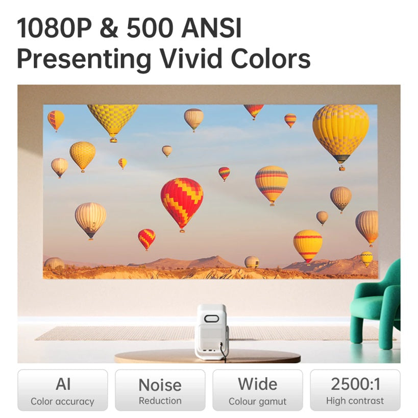 Adjustable angle theater projector for home showing colorful hot air balloons in 1080P with vivid colors