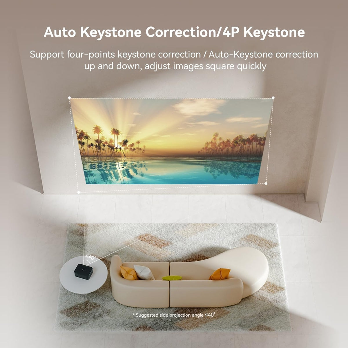 Auto focus home cinema projector displaying a sunset scene with auto keystone correction in a living room