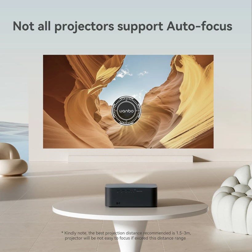 Auto focus home cinema projector positioned on a table projecting a clear image of canyon walls