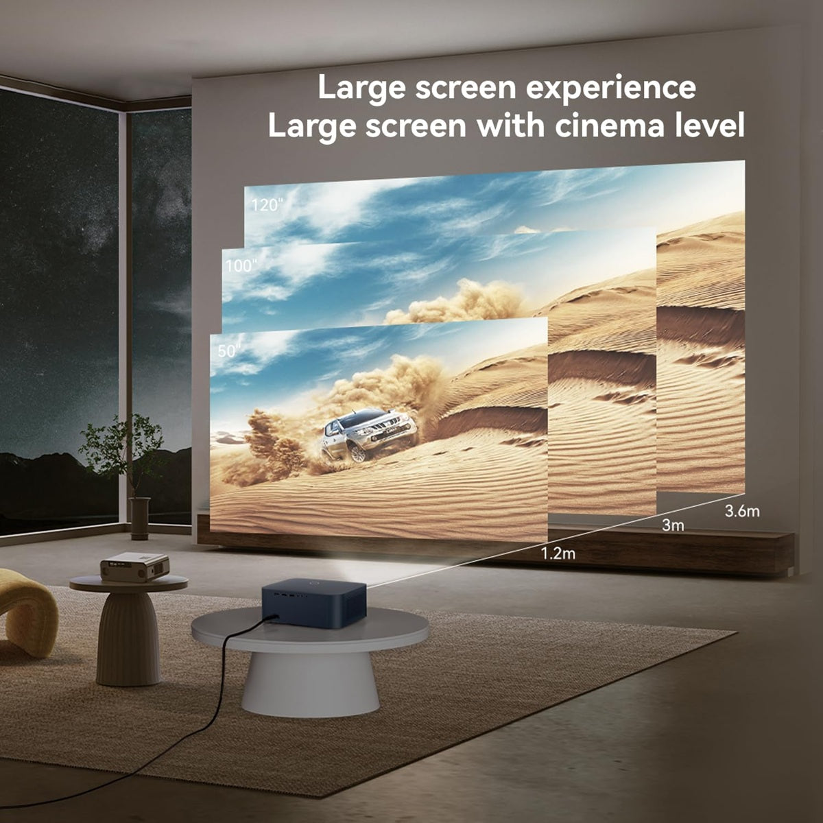 Auto focus home cinema projector displaying a large screen desert racing scene in modern living room