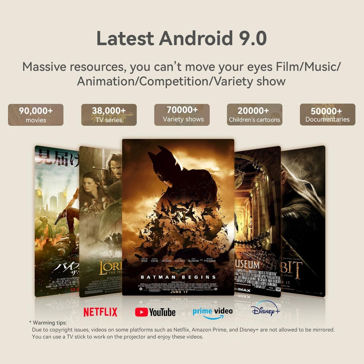 Auto focus home cinema projector displaying a variety of movies and shows on a large screen with Android 9.0 interface