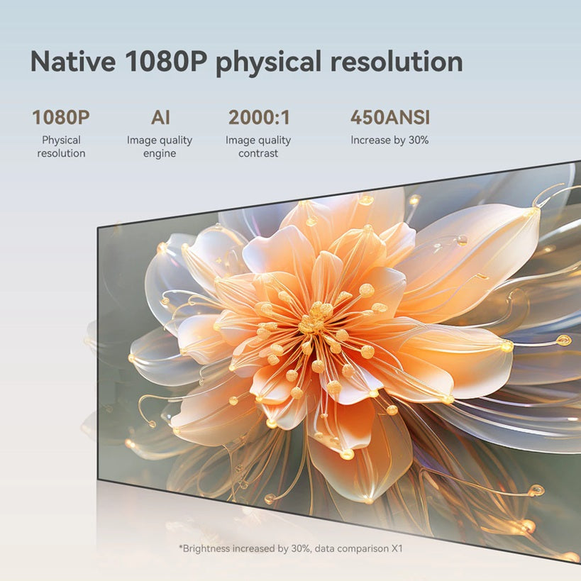 Auto focus home cinema projector displaying a vibrant flower in native 1080P resolution