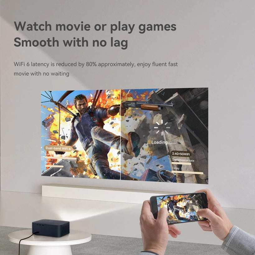 Auto focus home cinema projector displaying a game with smooth, lag-free streaming