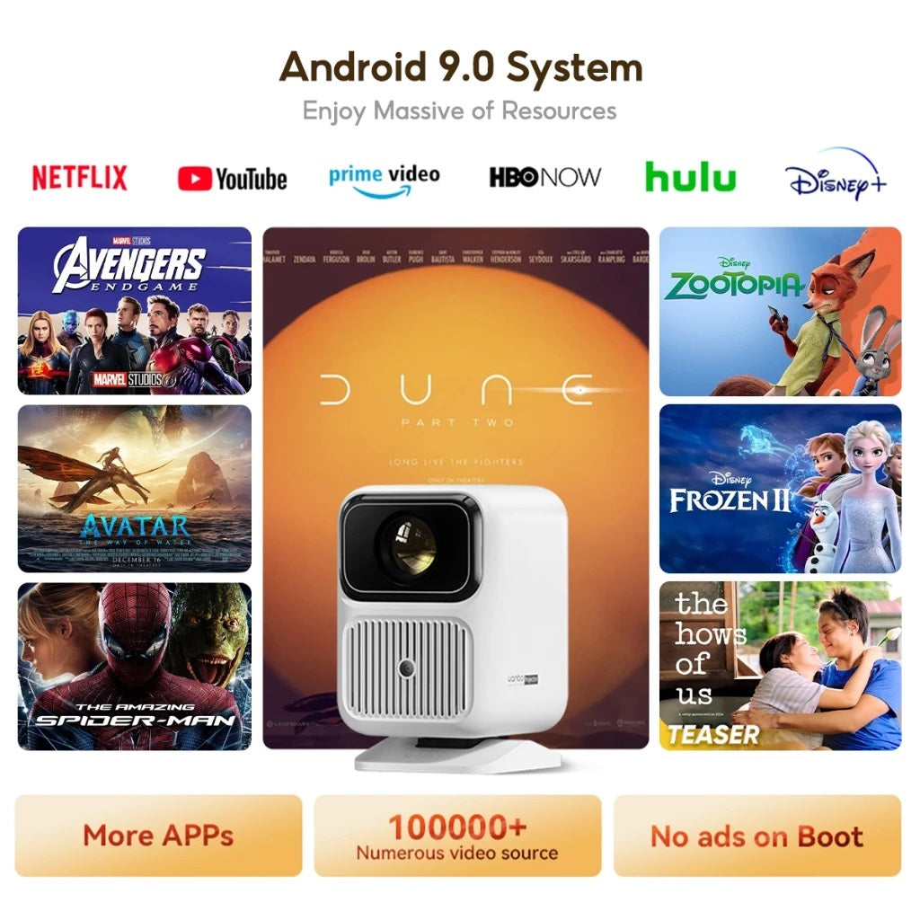 Wanbo Dali 1 portable projector showing popular streaming apps on screen