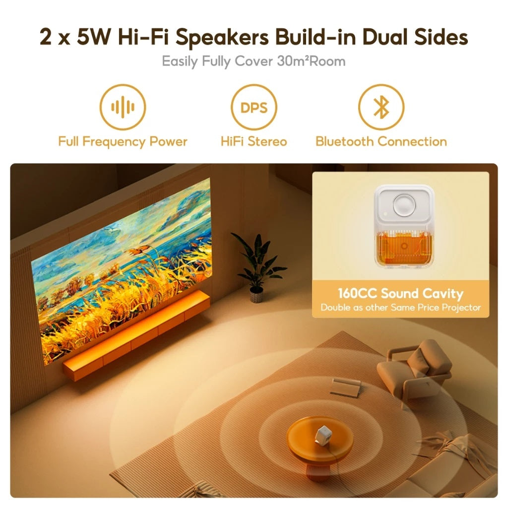 Wanbo Dali 1 portable projector showing vivid image projection with built-in dual 5W Hi-Fi speakers and Bluetooth