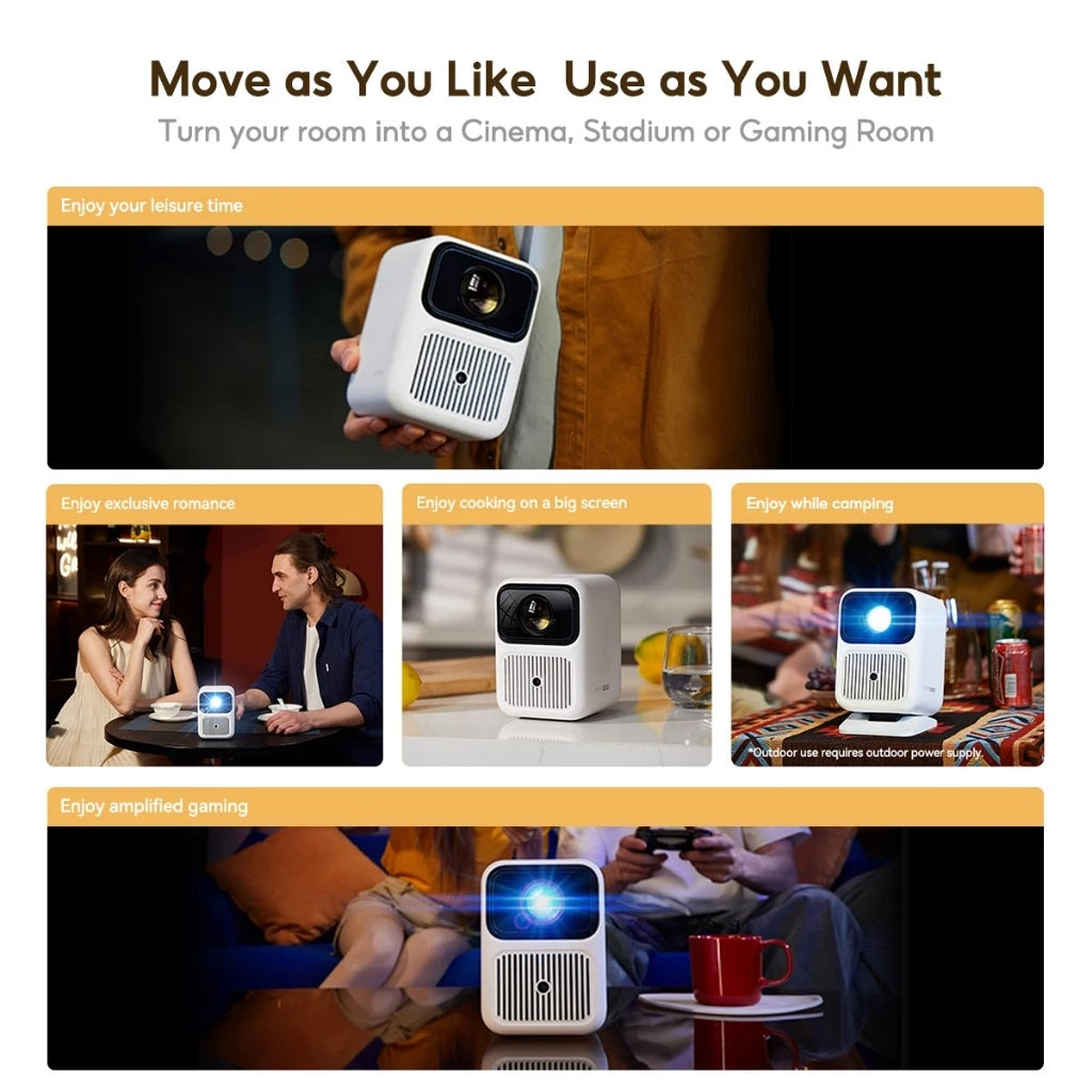 Wanbo Dali 1 portable projector shown in various settings including gaming, camping, cooking, and romantic dinner