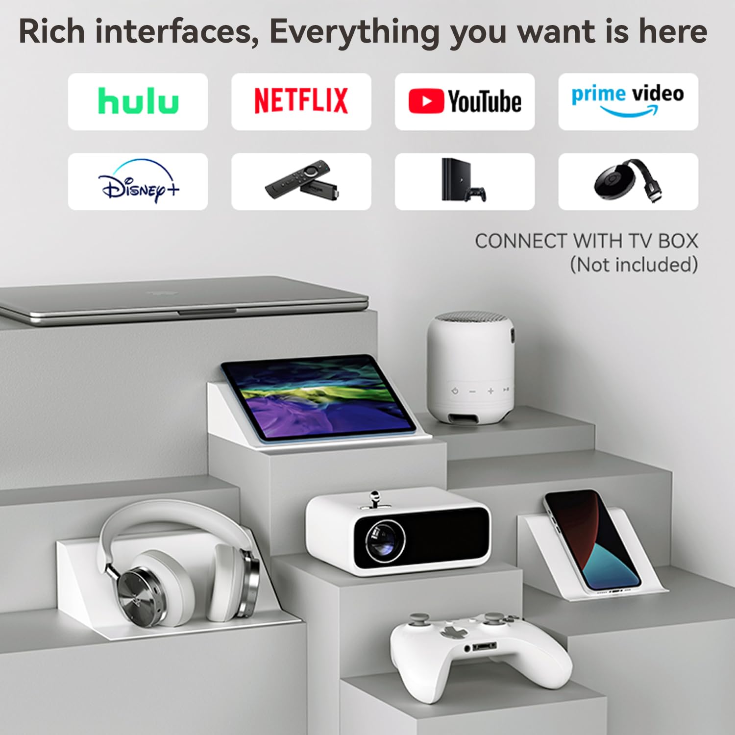 Wanbo Mini Pro smart projector surrounded by tech devices showing streaming app compatibility