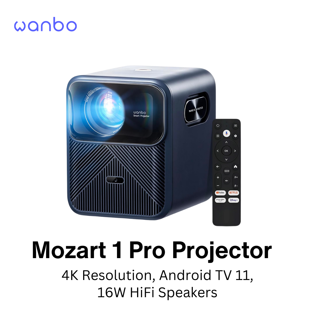 Wanbo Mozart 1 Pro 4K projector for home cinema with remote control and built-in speakers