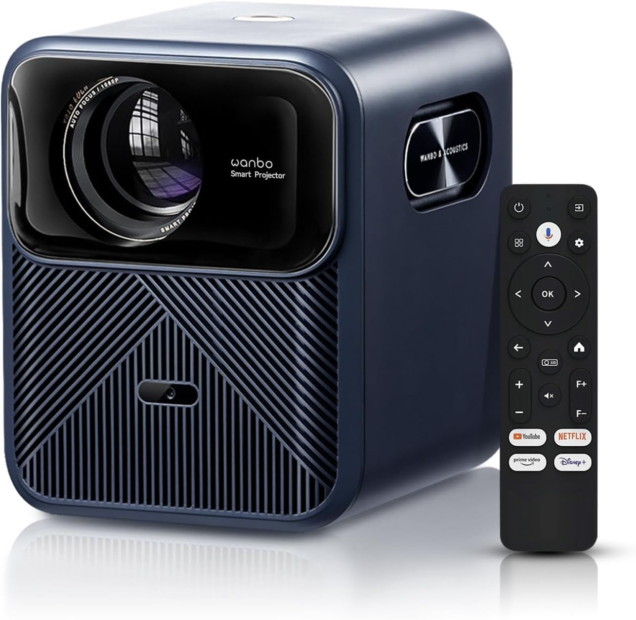 Wanbo Mozart 1 Pro 4K projector for home cinema by VMIDirect with remote control in dark blue