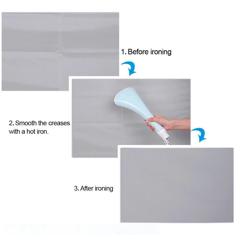 Portable projector screen showing before and after ironing to remove creases