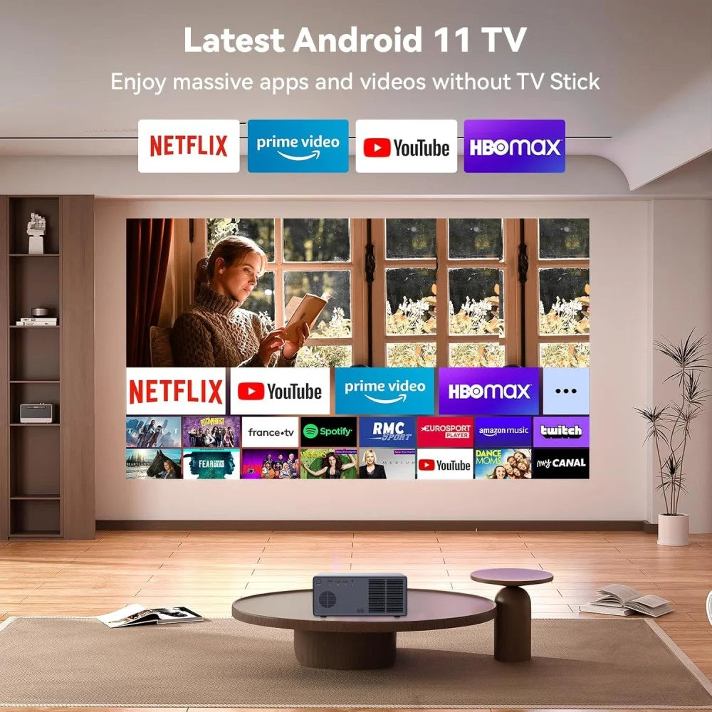 Wanbo X5 Pro smart projector displaying streaming apps like Netflix and YouTube on a large wall screen