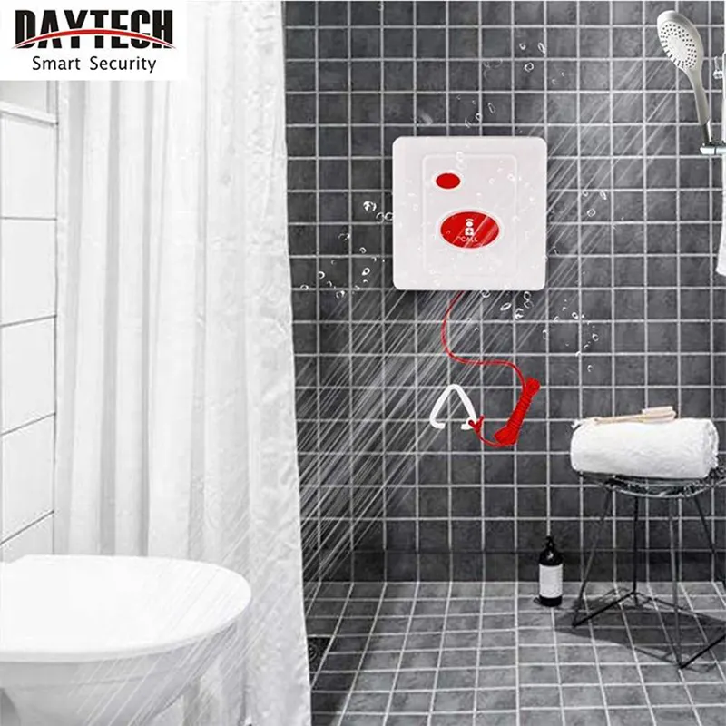 emergency buzzer installed in shower as part of a wireless caregiver pager system for bathroom safety