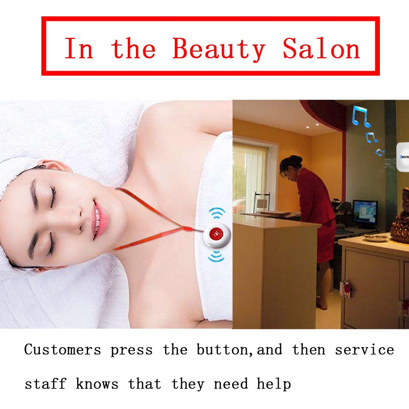 Wireless caregiver pager system emergency buzzer worn by spa customer for staff assistance
