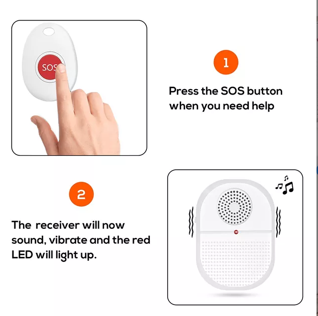 Wireless caregiver pager system emergency buzzer with a white SOS button and vibrating receiver alert