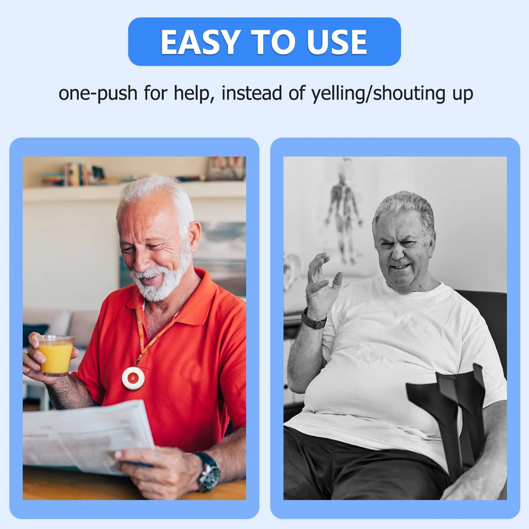 emergency buzzer worn around neck showing easy one-push use for wireless caregiver pager system