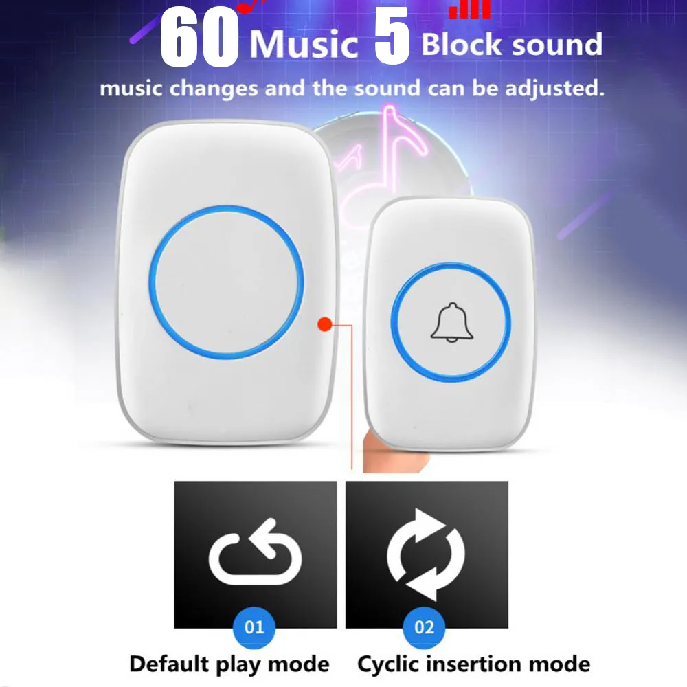 Wireless doorbell waterproof long range with 60 music tones and adjustable sound modes