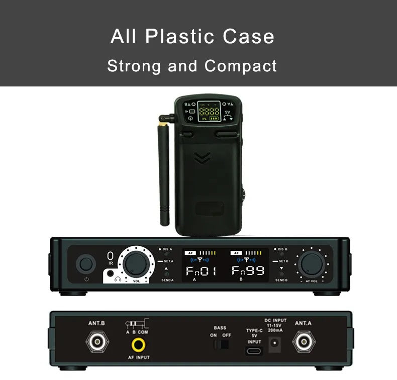 Wireless in-ear monitor system with a compact plastic case and user-friendly controls