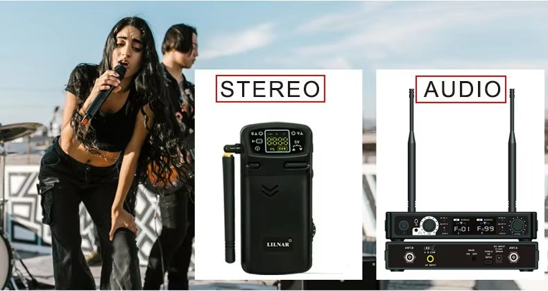 Wireless in-ear monitor system featuring stereo receivers for live performances
