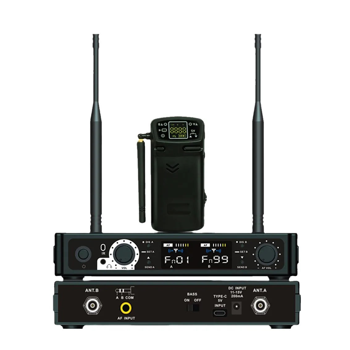 Wireless in-ear monitor system with dual antennas and portable receiver for clear audio performance