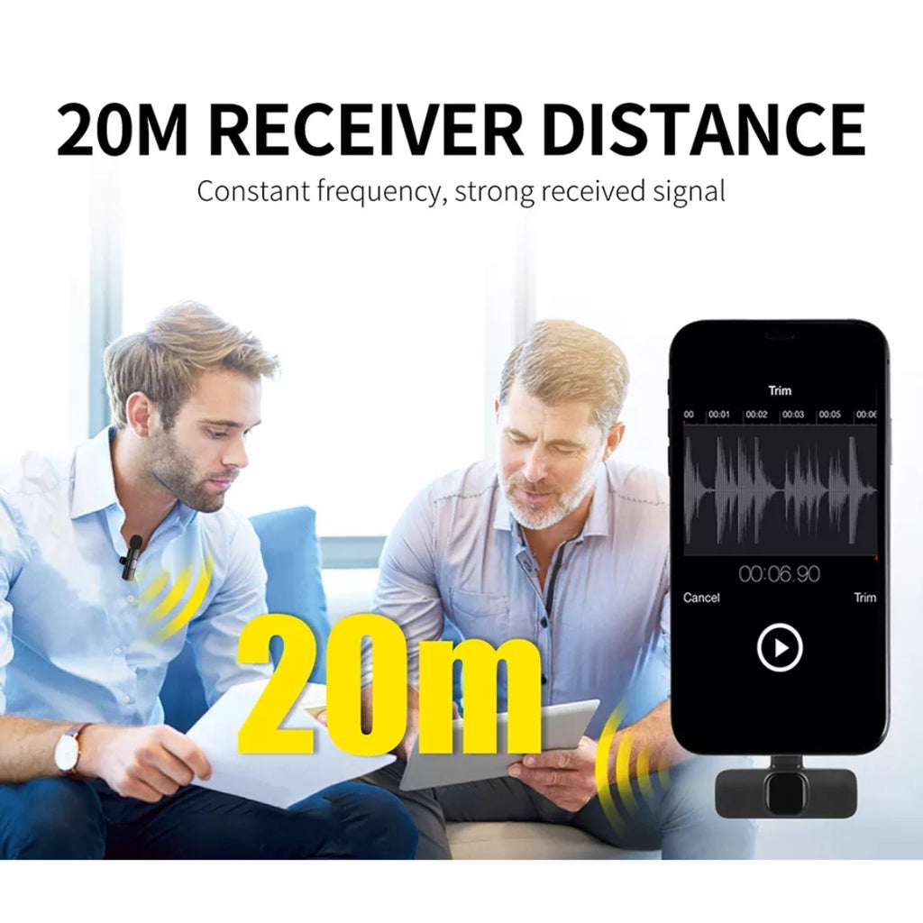 Two men using a wireless lavalier microphone for iPhone and Android during an interview with a smartphone recording.