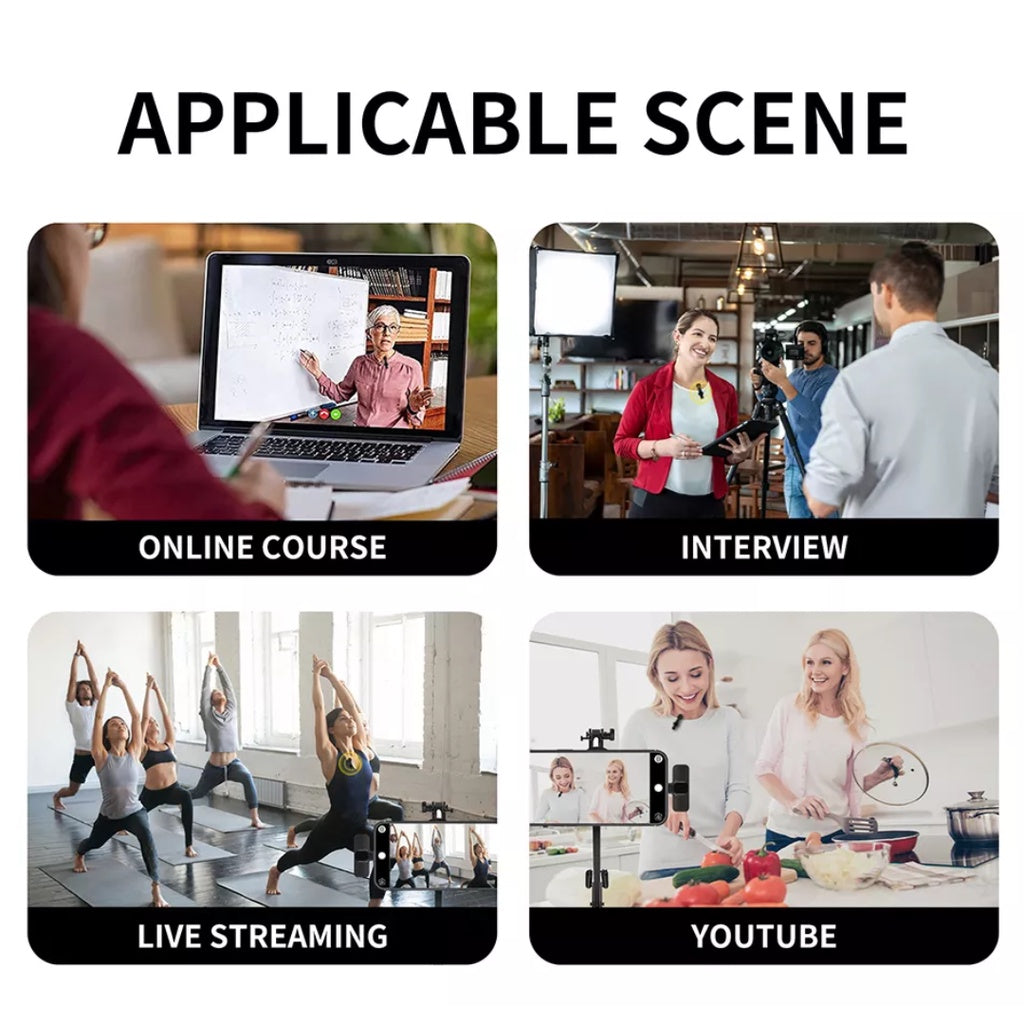 Wireless lavalier microphone for iPhone and Android in various application scenes including interviews and live streaming