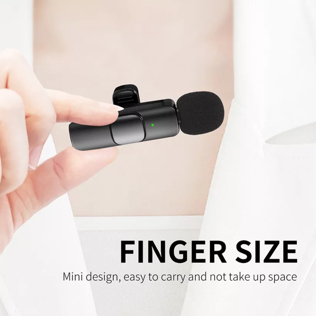 Compact wireless lavalier microphone for iPhone and Android held between fingers, easy to carry